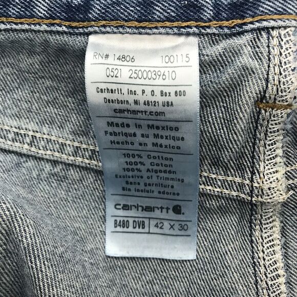 Carhartt Jeans Men’s 42x30 Work Heavy Duty Blue Denim 100% Cotton Distressed - Picture 2 of 10